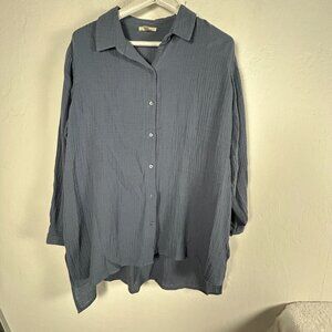 Eileen Fisher Women Long Sleeve Button-Up Shirt Large Organic Cotton Blue Casual
